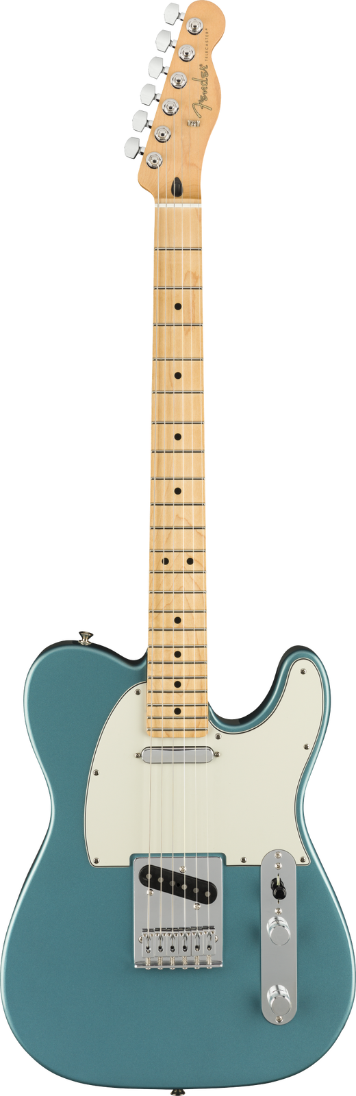 Electric guitar with a blue body and white pickguard on a white background