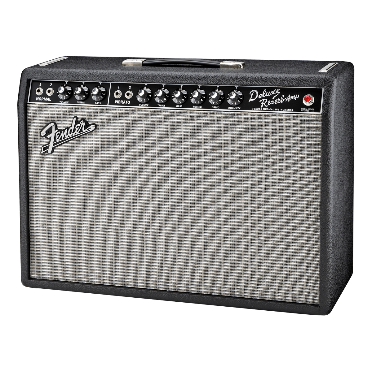 Fender amplifier with control knobs and logo on a white background