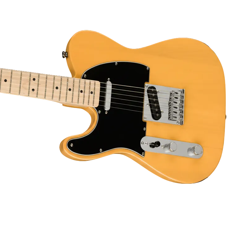 Yellow electric guitar with a black pickguard on a brown background