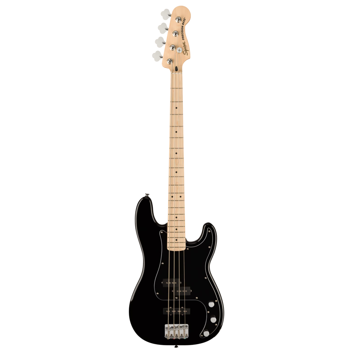 Black electric bass guitar with a maple neck on a white background