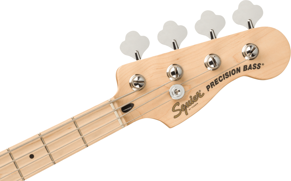Close-up of a Squier Precision Bass guitar headstock on a white background