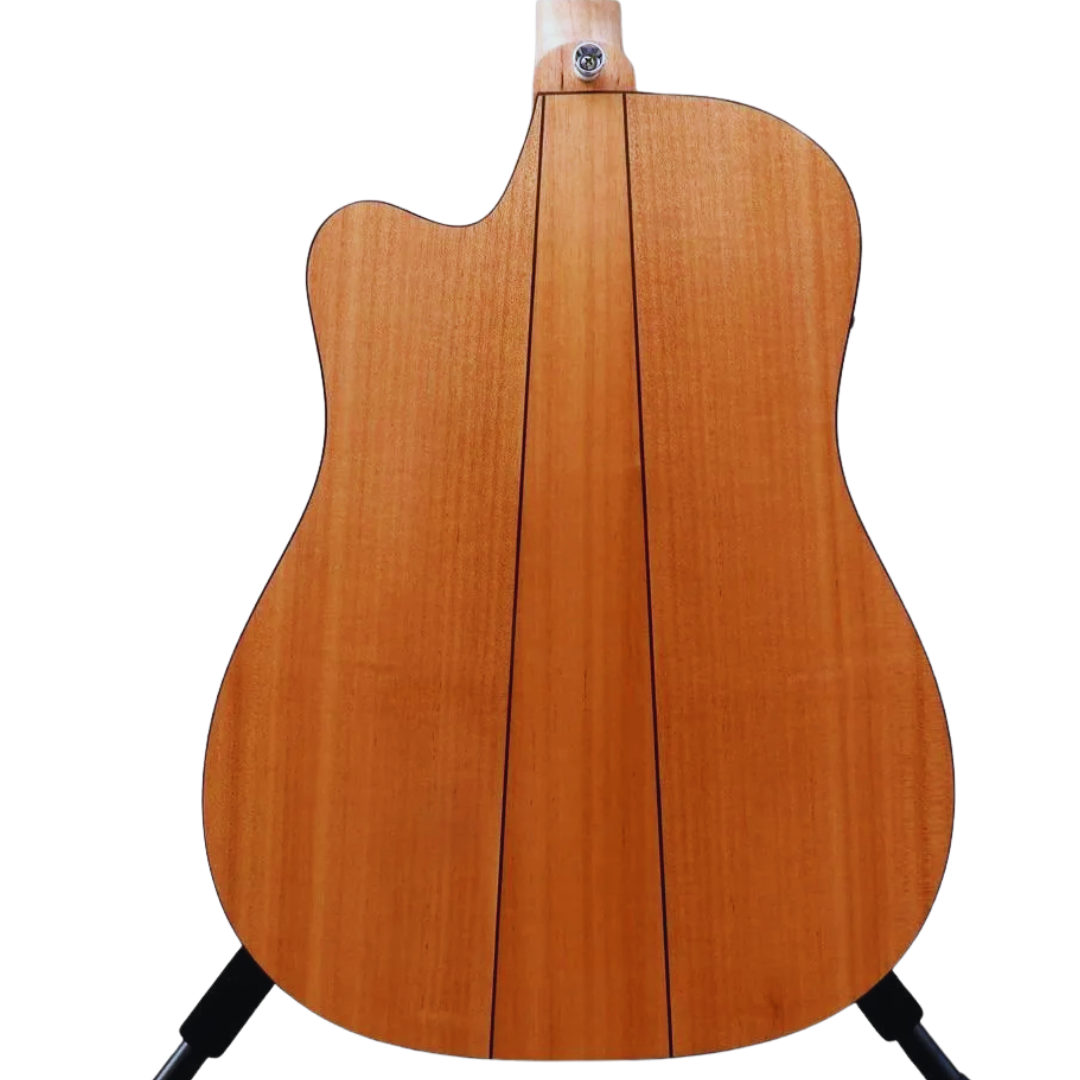 Back view of a wooden acoustic guitar on a stand with a white background