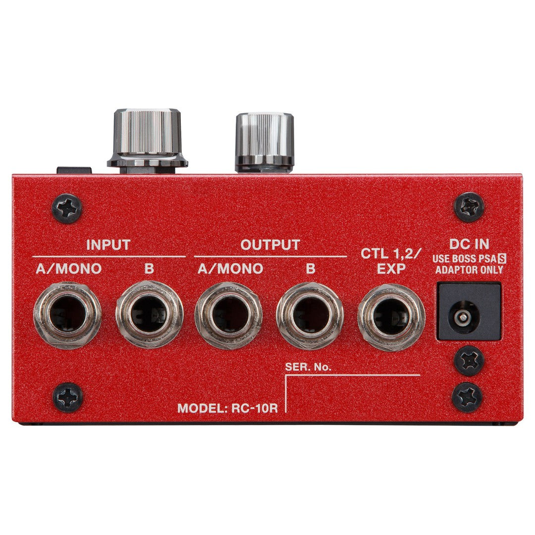 Red guitar effects pedal with various connectors and labels on a white background