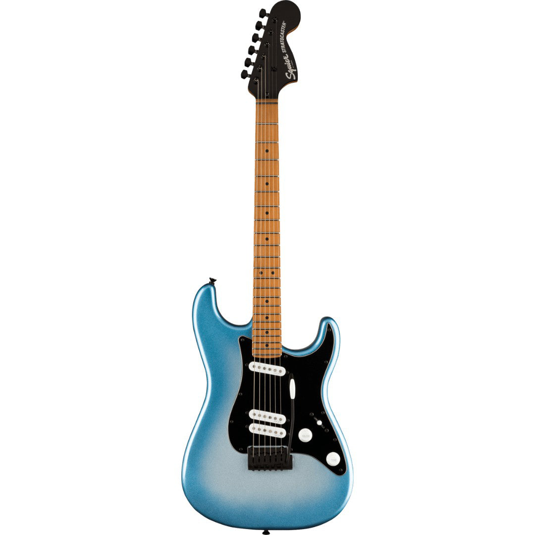 Blue electric guitar with a white pickguard on a white background