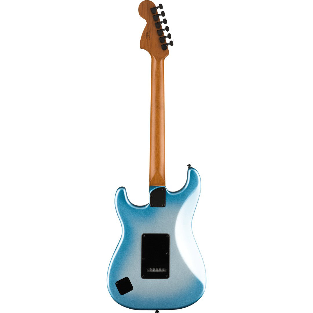 Blue electric guitar with a brown neck on a white background