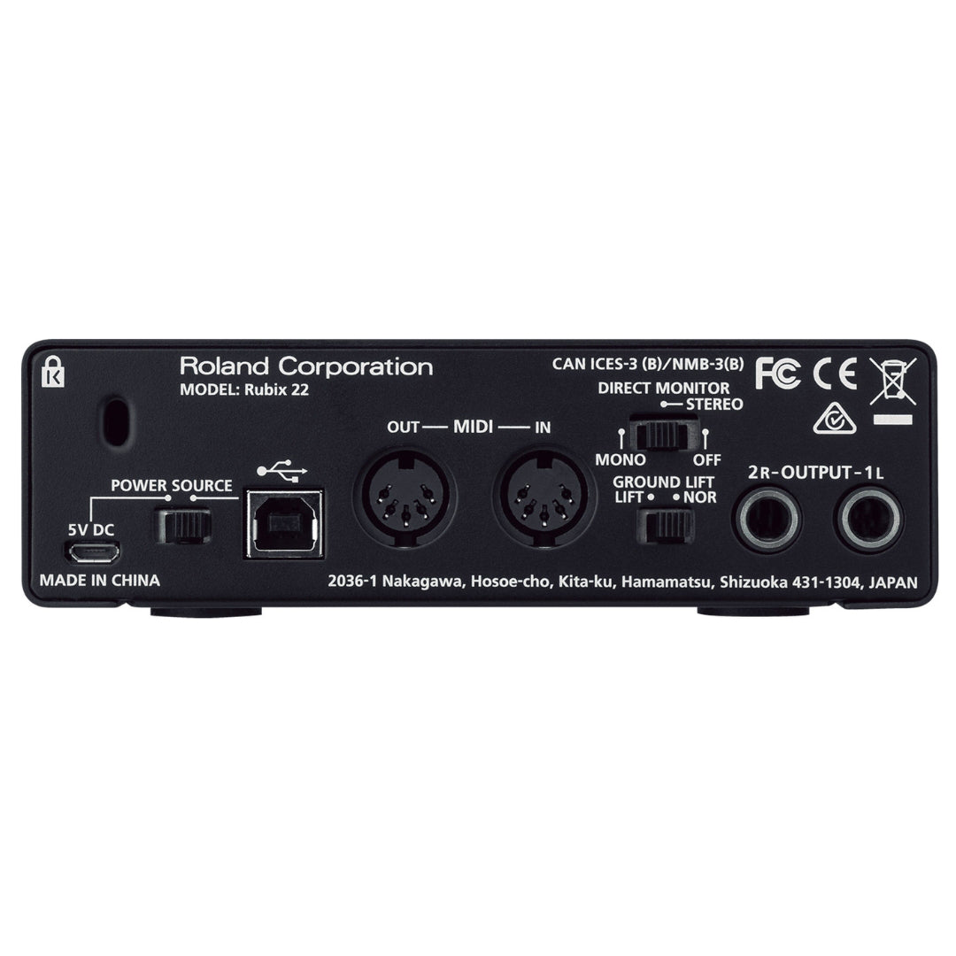 Back panel of a Roland Rubix 22 audio interface with various connectors and labels.