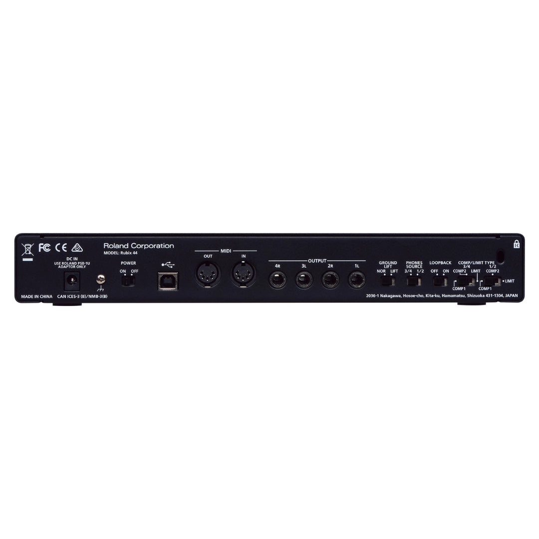 Back panel of a Roland device with various connectors and labels on a white background
