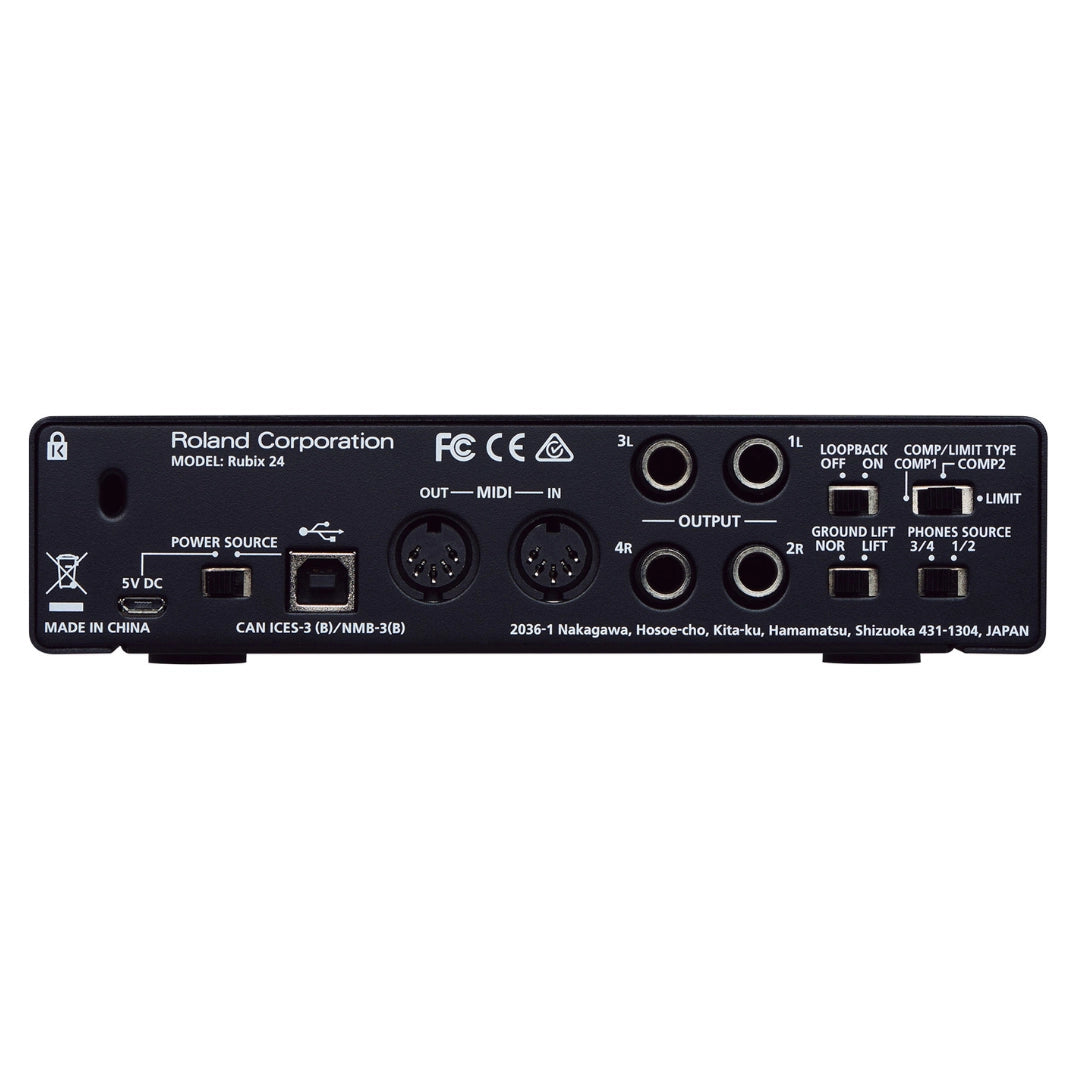 Back panel of a Roland Rubix 24 audio interface with various connectors and labels on a white background.