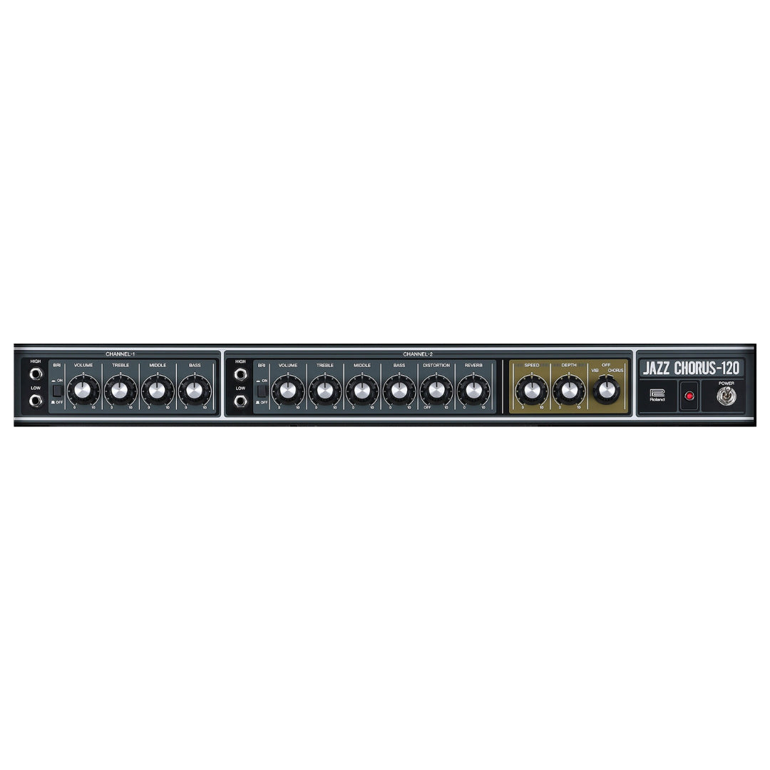Guitar amplifier head with control knobs and 'Jazz Chorus 120' branding on a white background