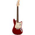 Red electric guitar with a white pickguard on a white background