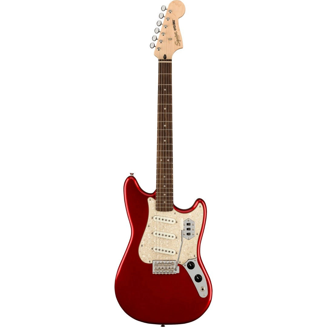 Red electric guitar with a white pickguard on a white background