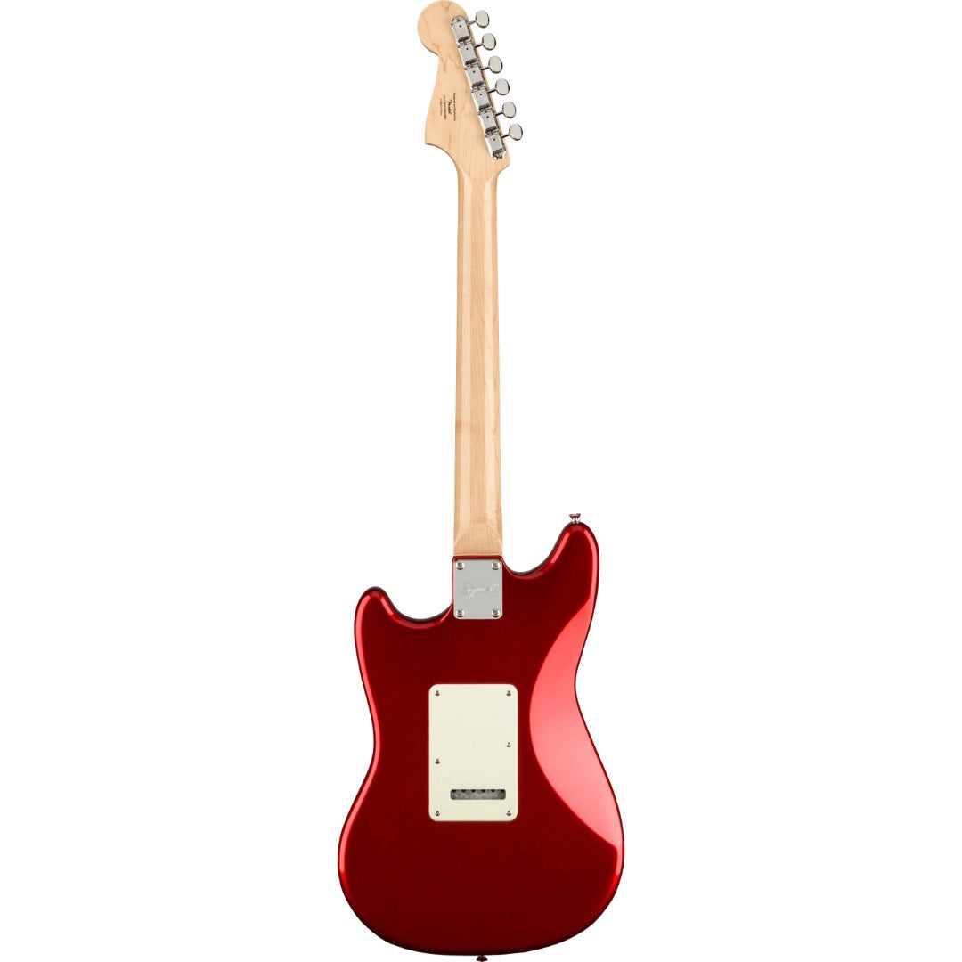Red electric guitar with a white pickguard on a white background