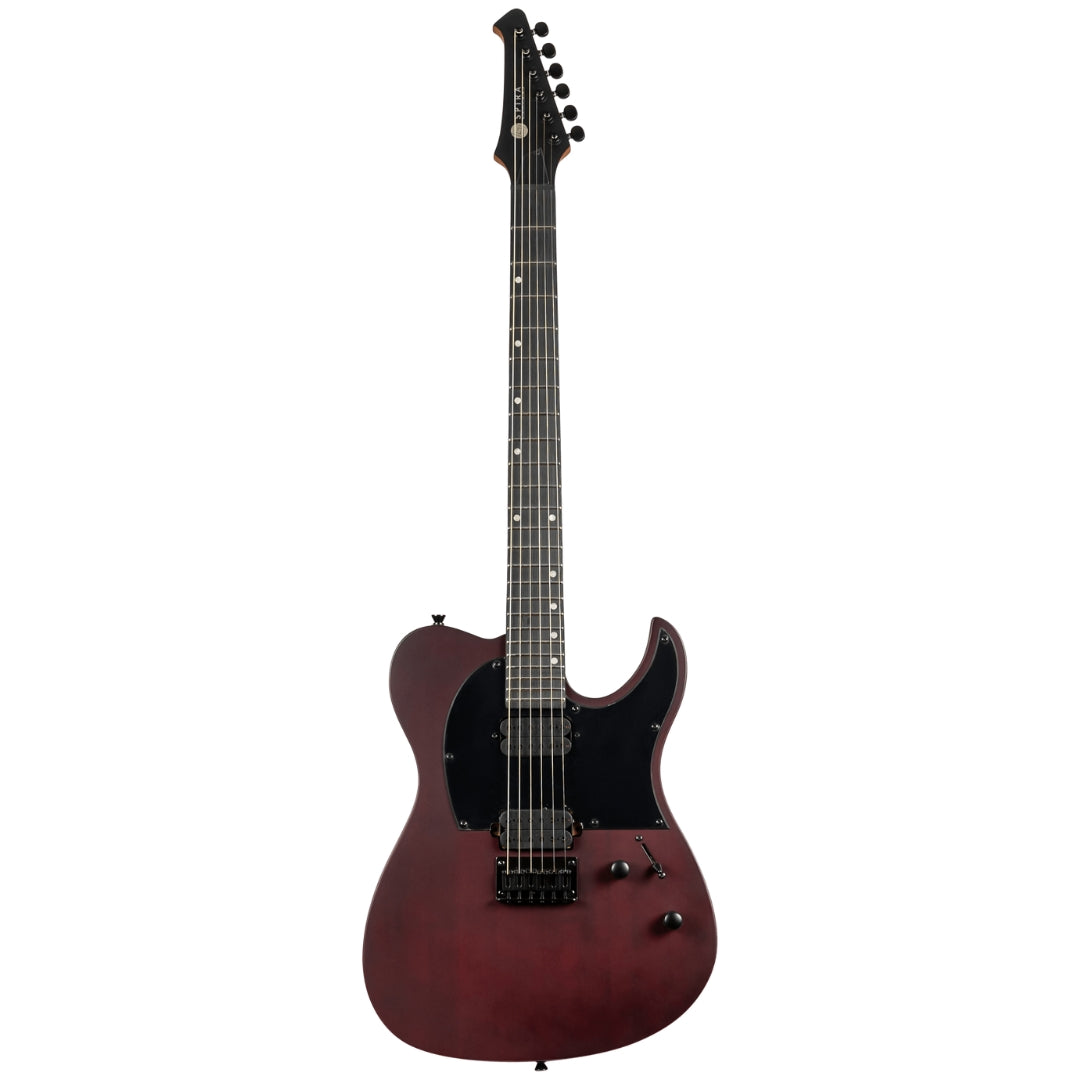 Electric guitar with a maroon finish on a white background