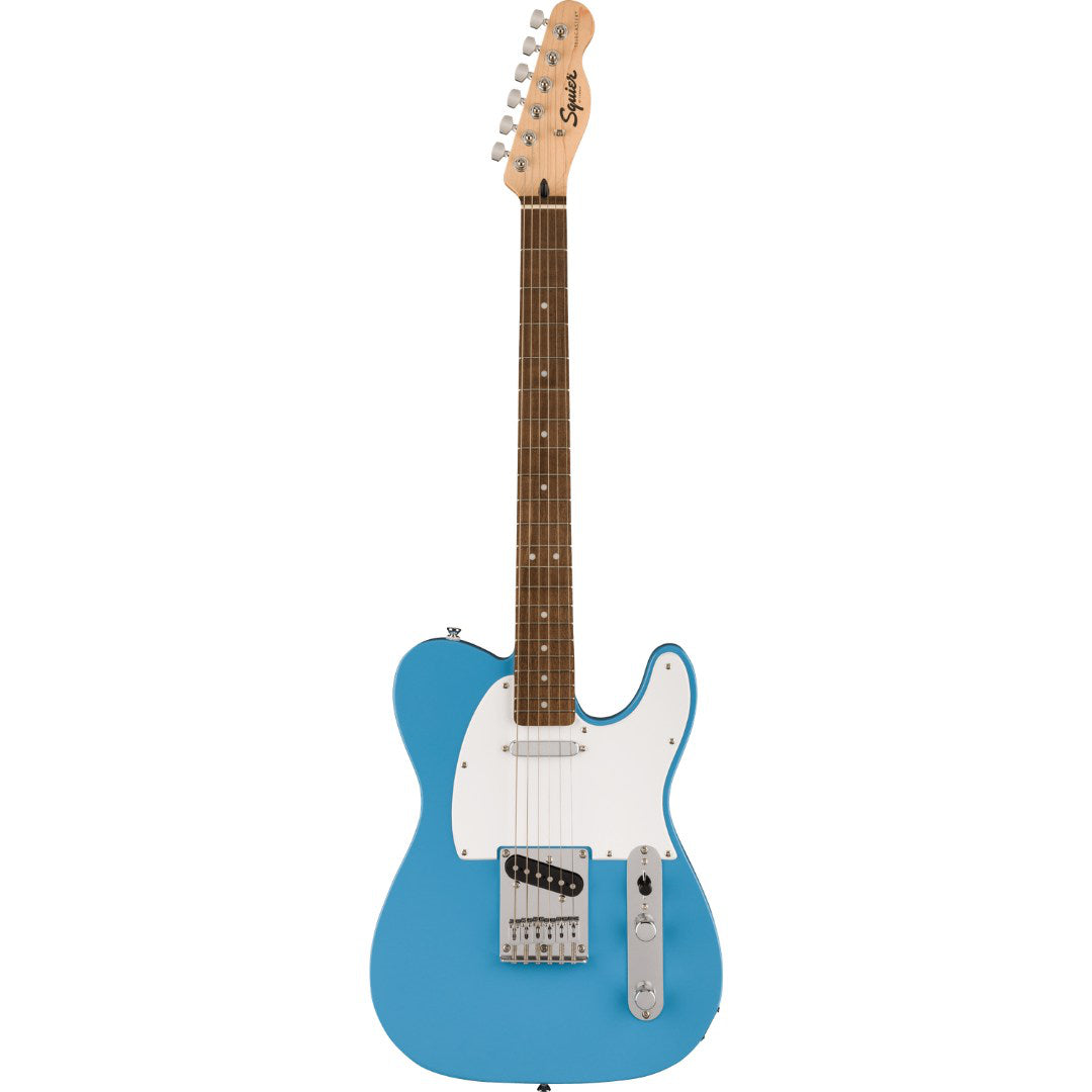 Blue electric guitar with a white pickguard on a white background