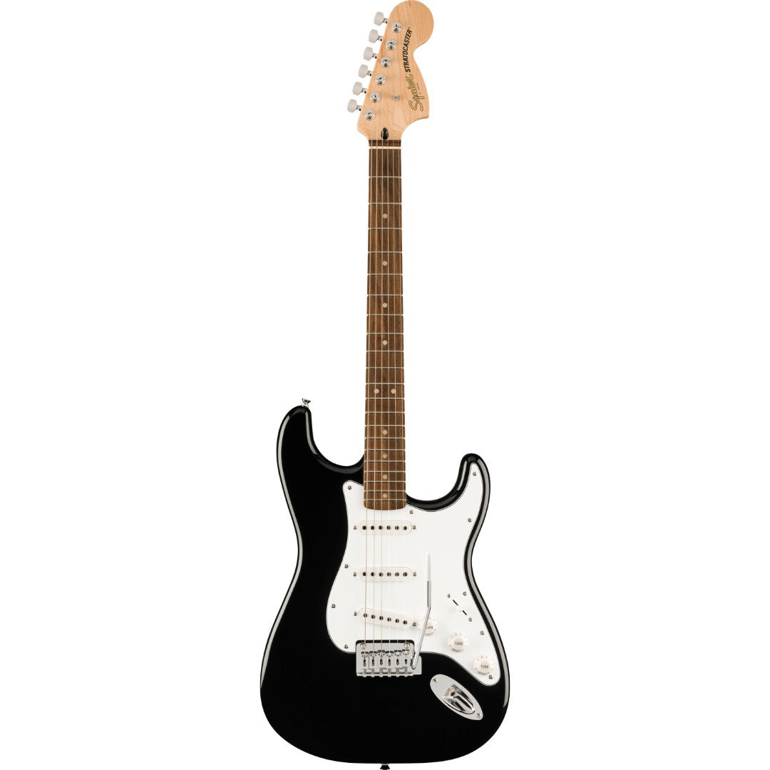 Black electric guitar with a white pickguard on a white background