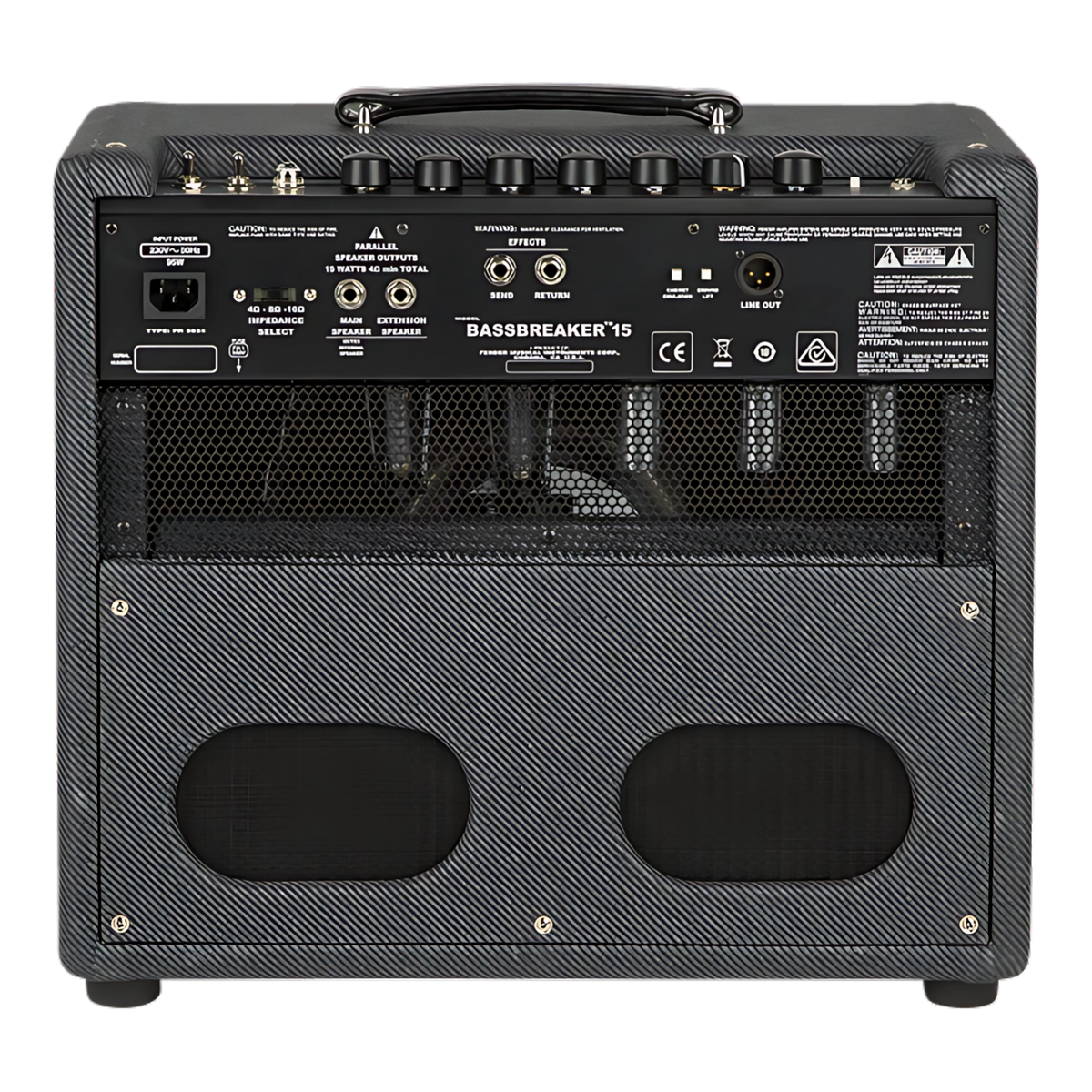 Back view of a black guitar amplifier with control panel and speaker grilles.