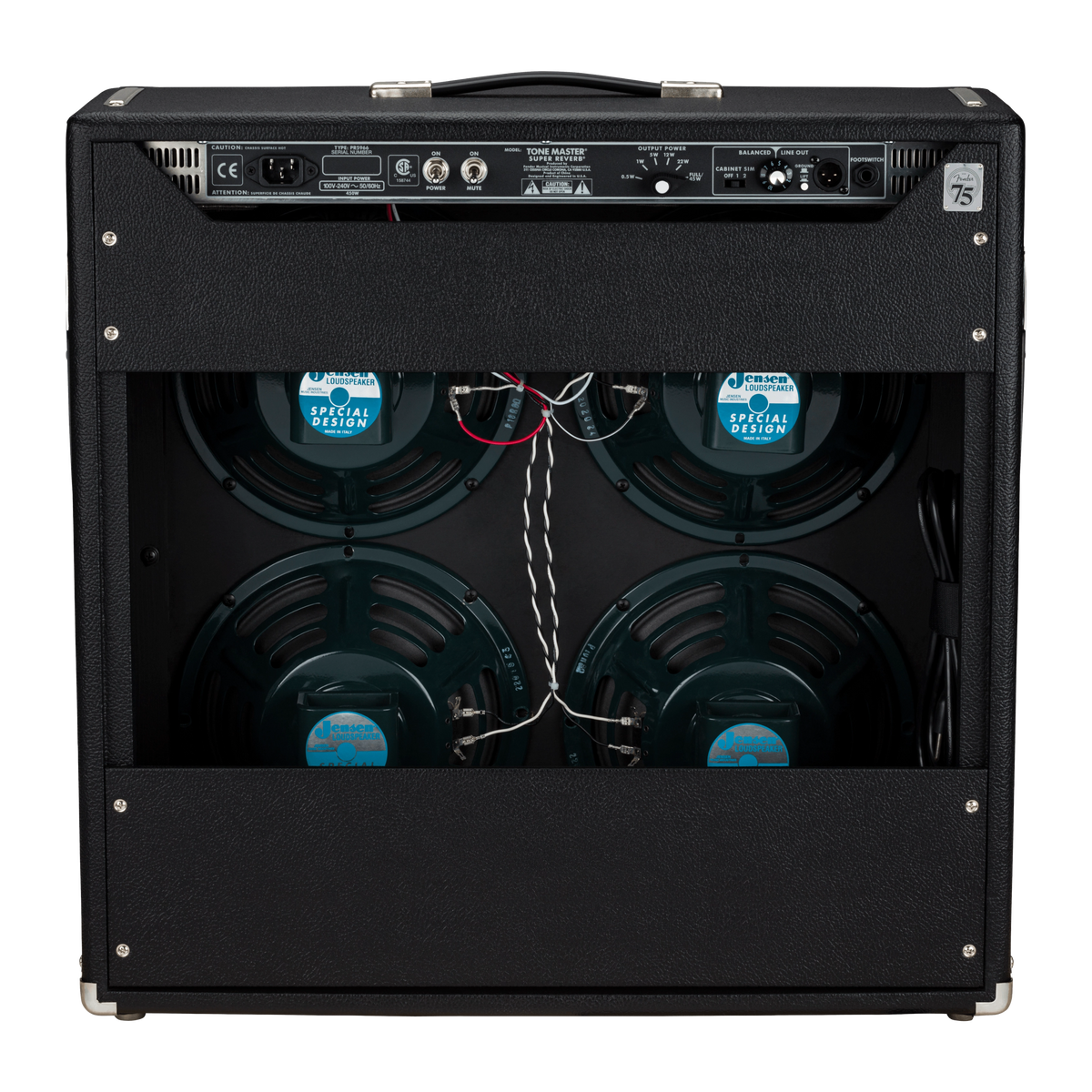 Black guitar amplifier with multiple speakers and visible branding on a black background