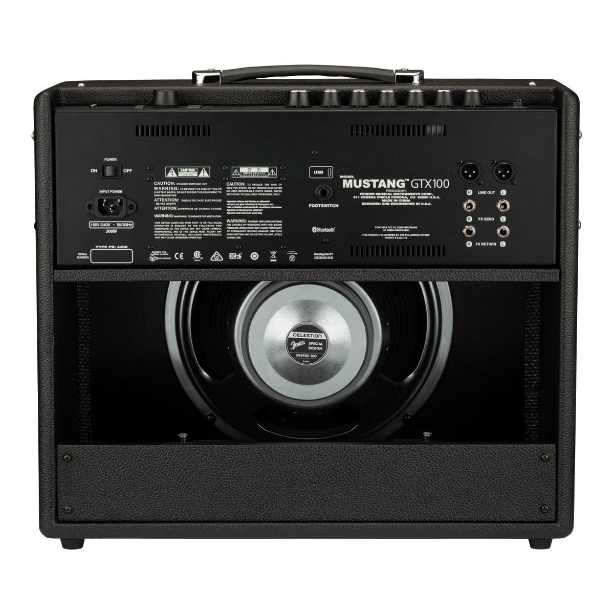 Black Mustang GTX100 guitar amplifier with visible branding and specifications.
