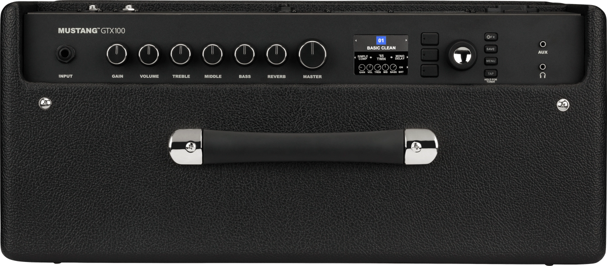 Black Mustang GTX100 guitar amplifier with control knobs and display.