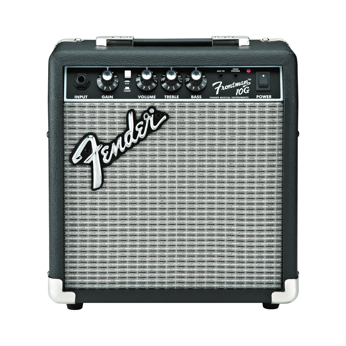 Fender guitar amplifier with control knobs and branding on a black background