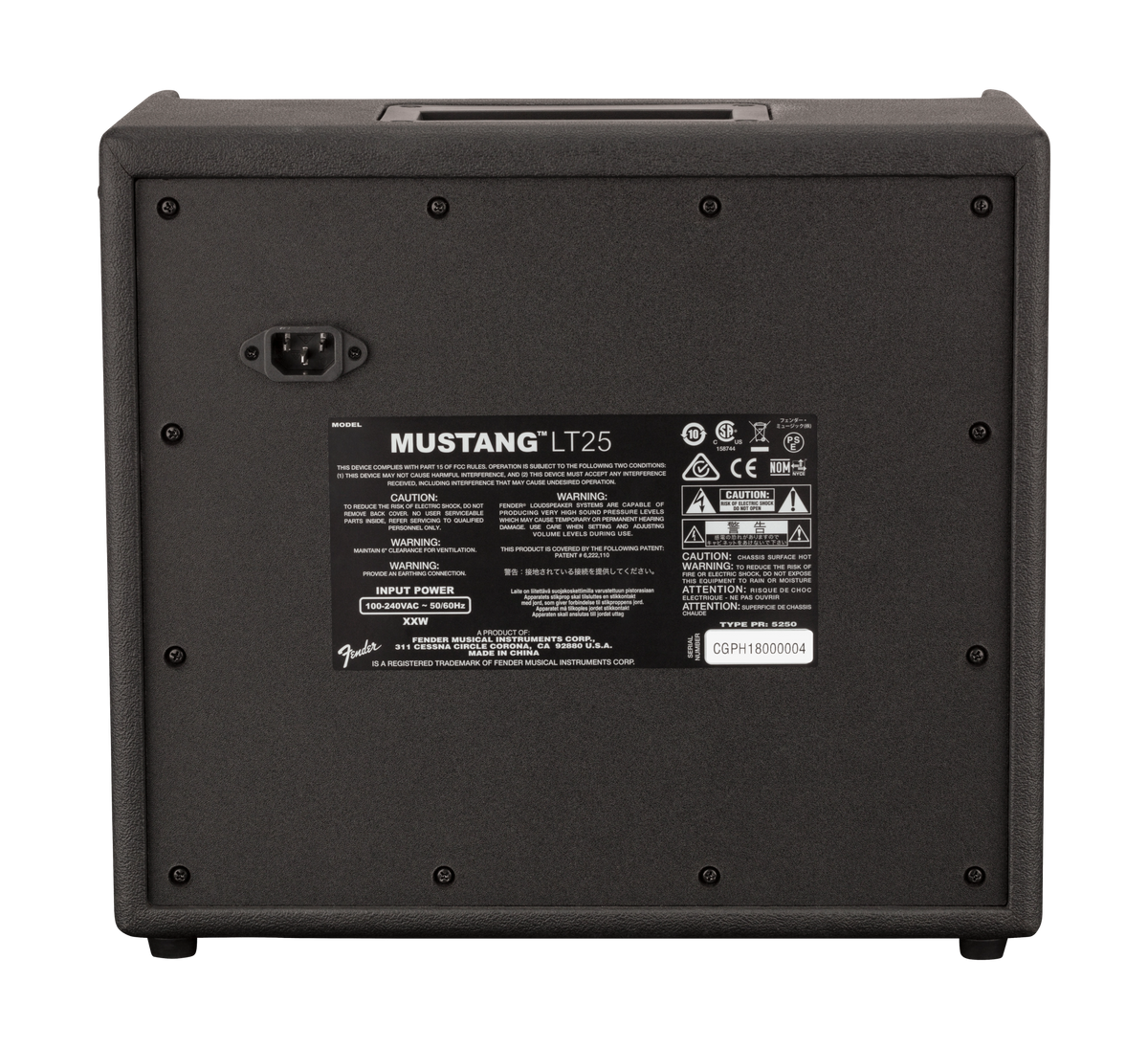 Back view of a Mustang LT25 amplifier with branding and specifications.