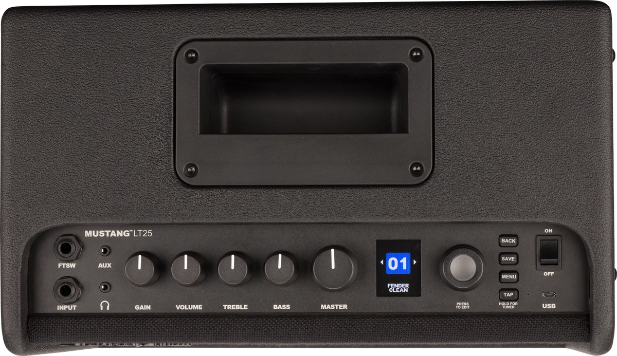 Black guitar amplifier with control panel and Mustang branding