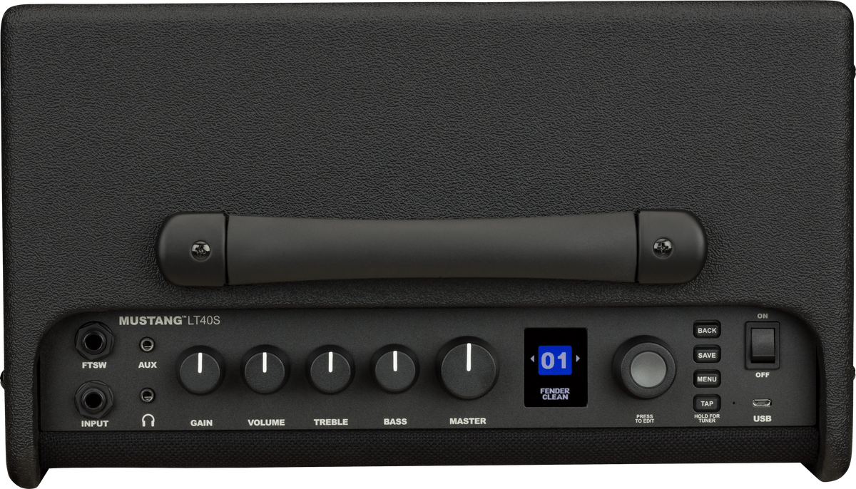 Black guitar amplifier with control panel and Mustang branding