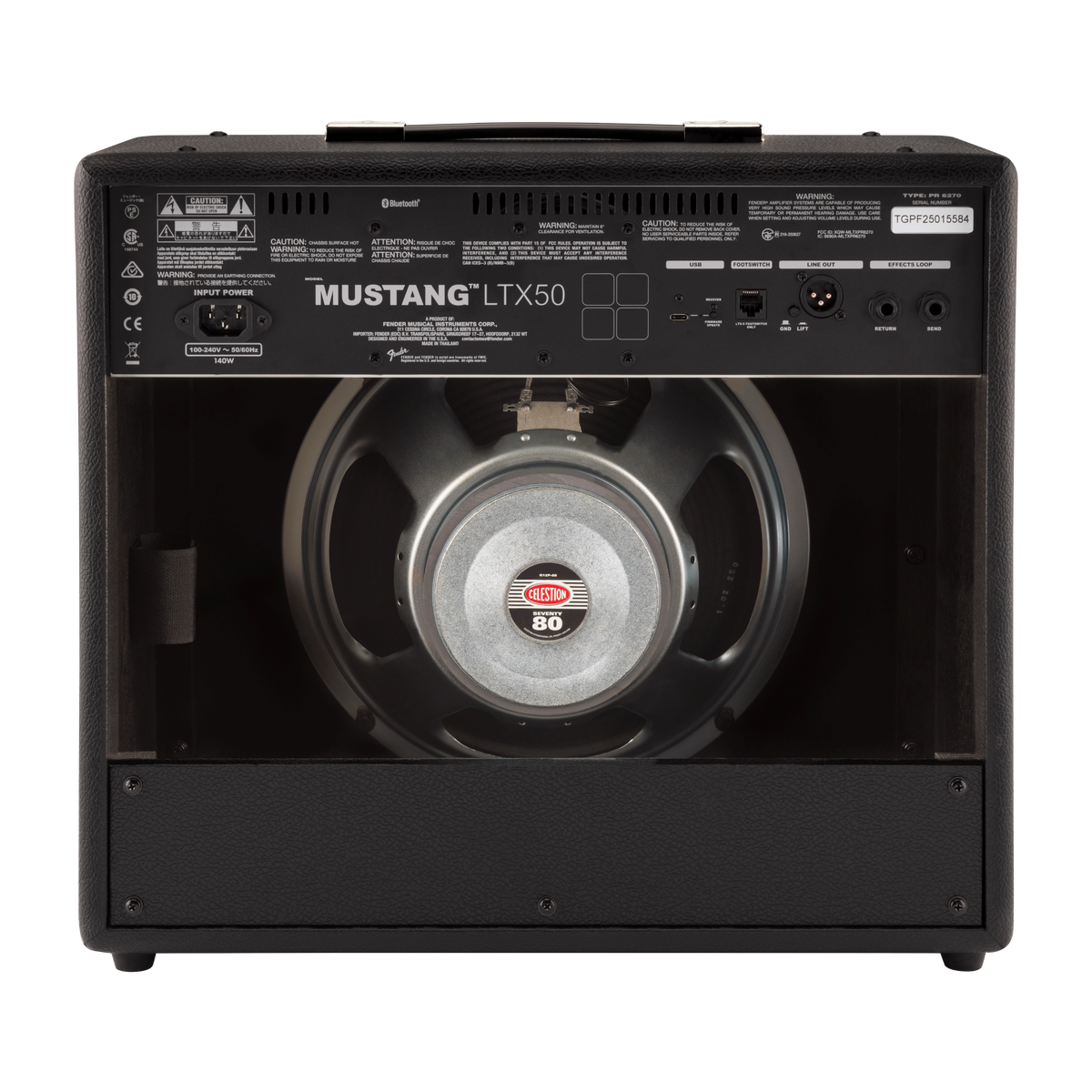 Back view of a Mustang LTX50 guitar amplifier with a prominent speaker and control panel.