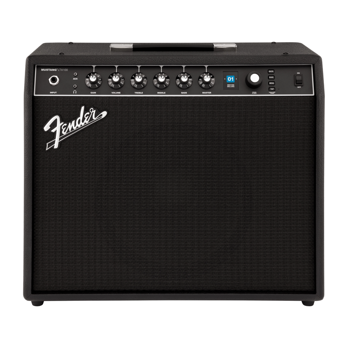 Fender guitar amplifier with control knobs and logo on a black background