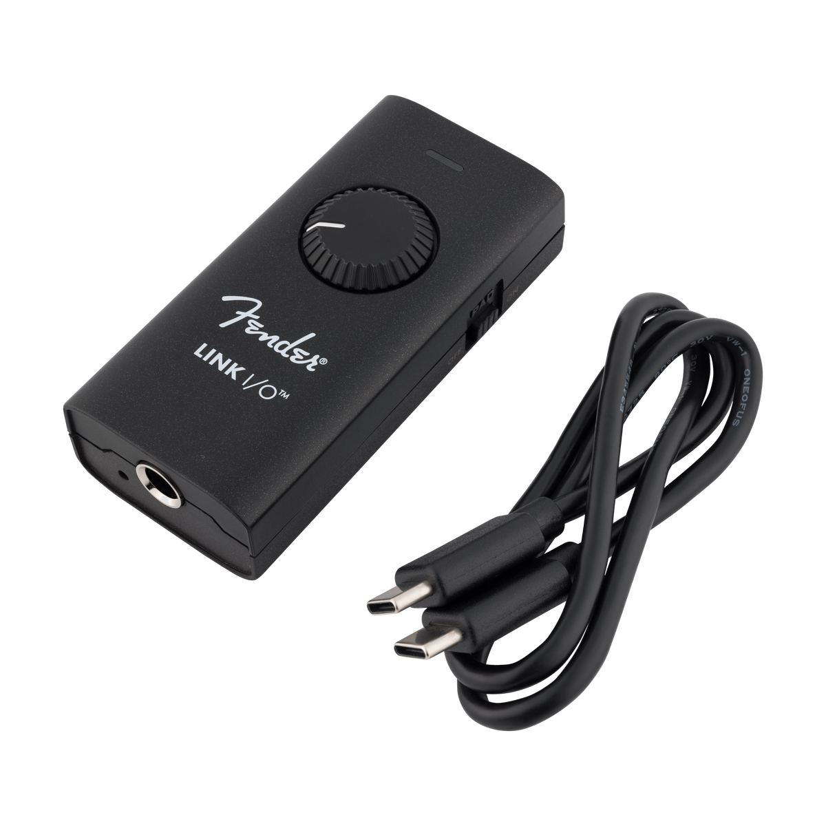 Fender Link I/O audio interface with cable on a white background