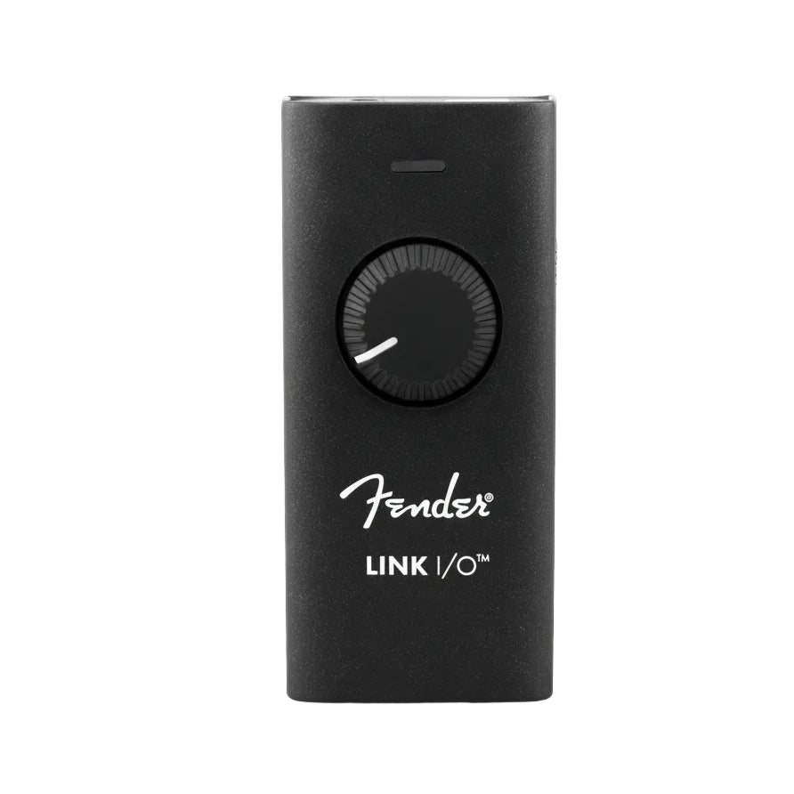 Black Fender Link I/O audio interface with a dial on a white background