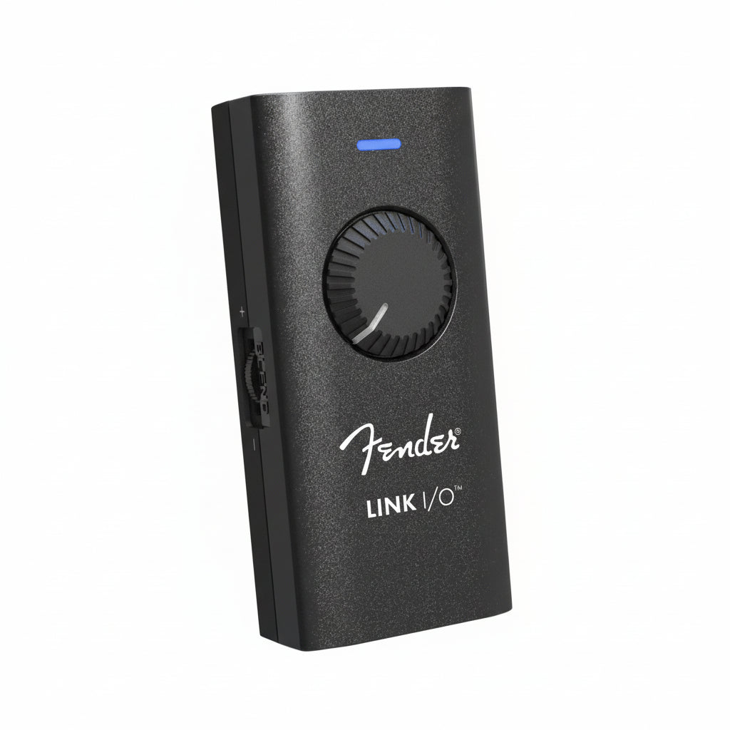 Fender Link I/O audio interface with a knob on a white background