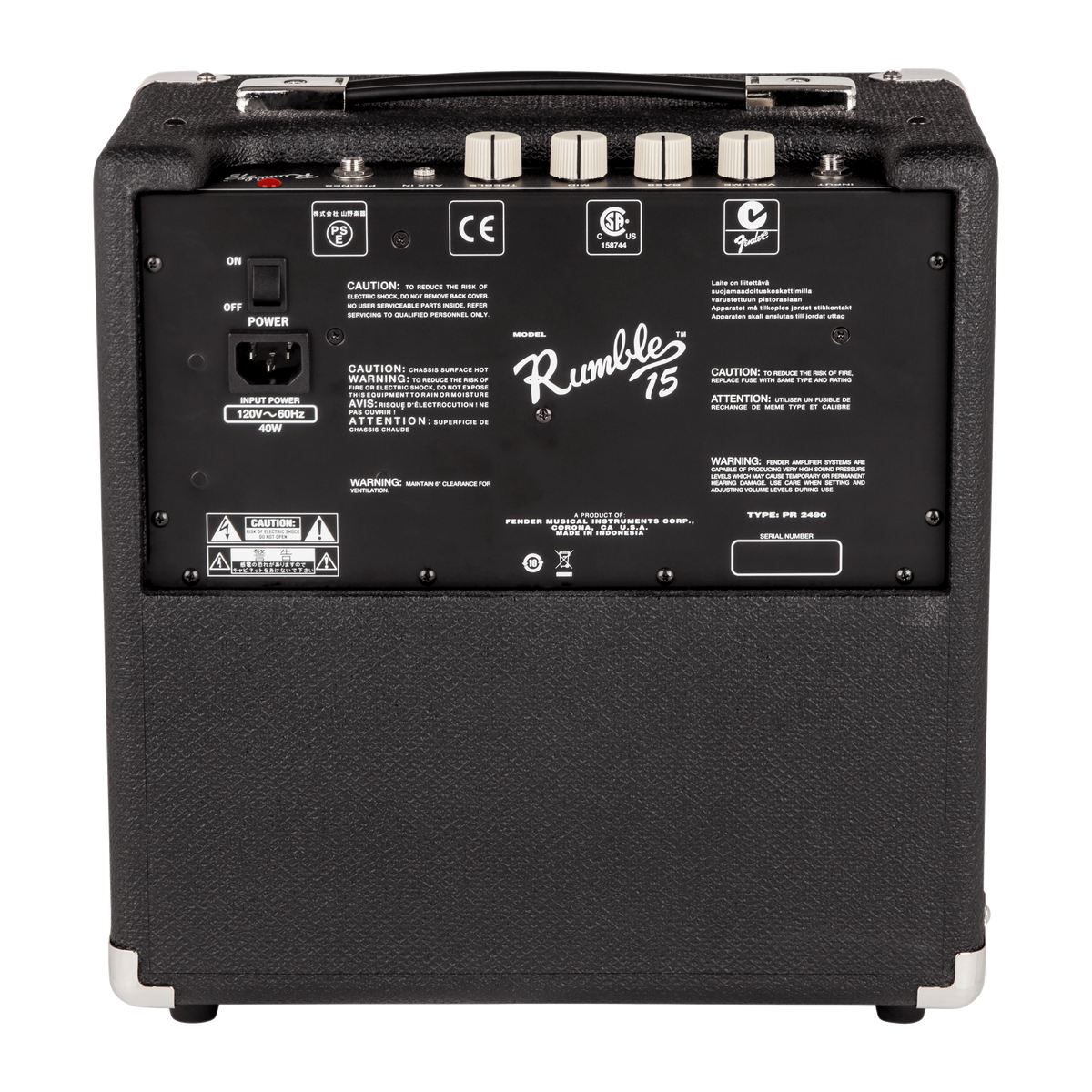 Back panel of a Rumble 15 guitar amplifier with control knobs and branding.