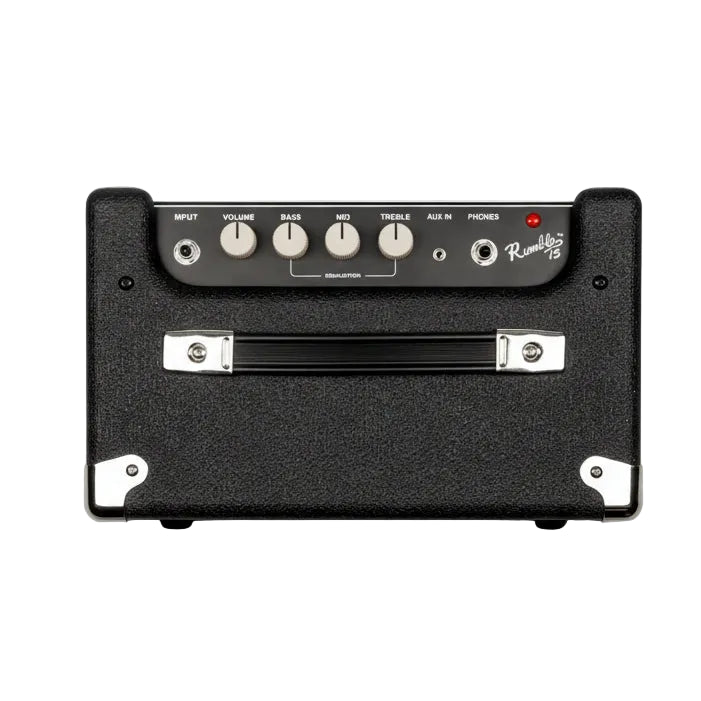 Guitar amplifier with control knobs and input/output ports on a black background