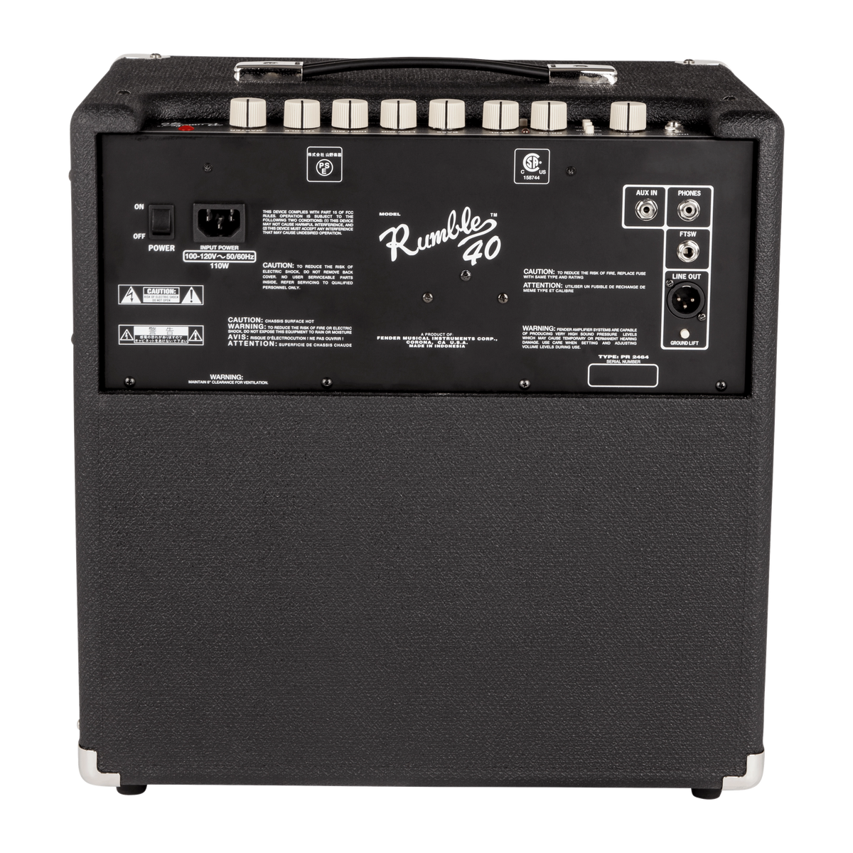 Back panel of a Rumbles 40 amplifier with various control knobs and labels.