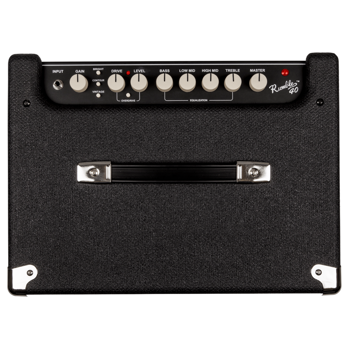 Black guitar amplifier with control knobs and brand name on a black background