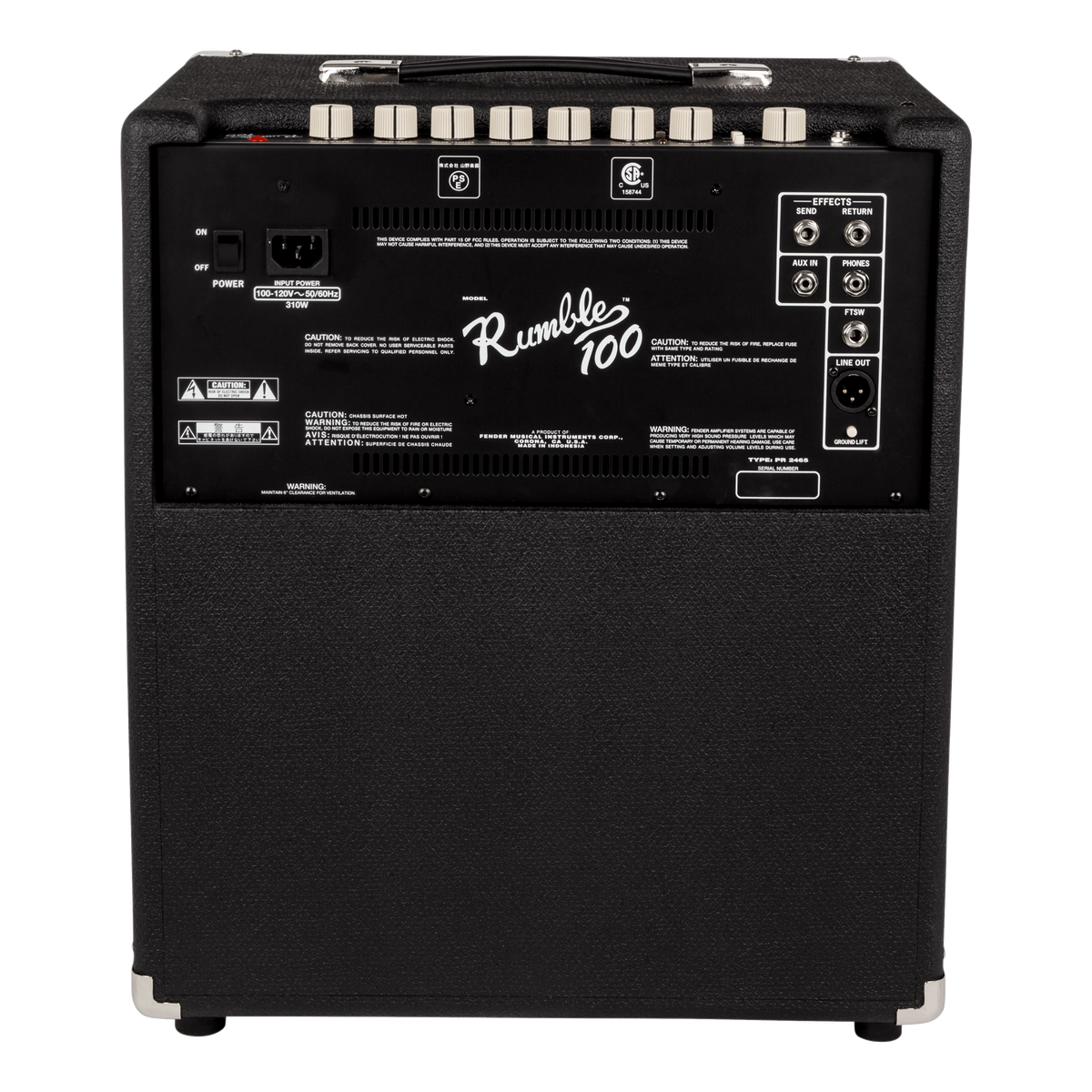 Back view of a black Rumble 100 amplifier with control knobs and labels.