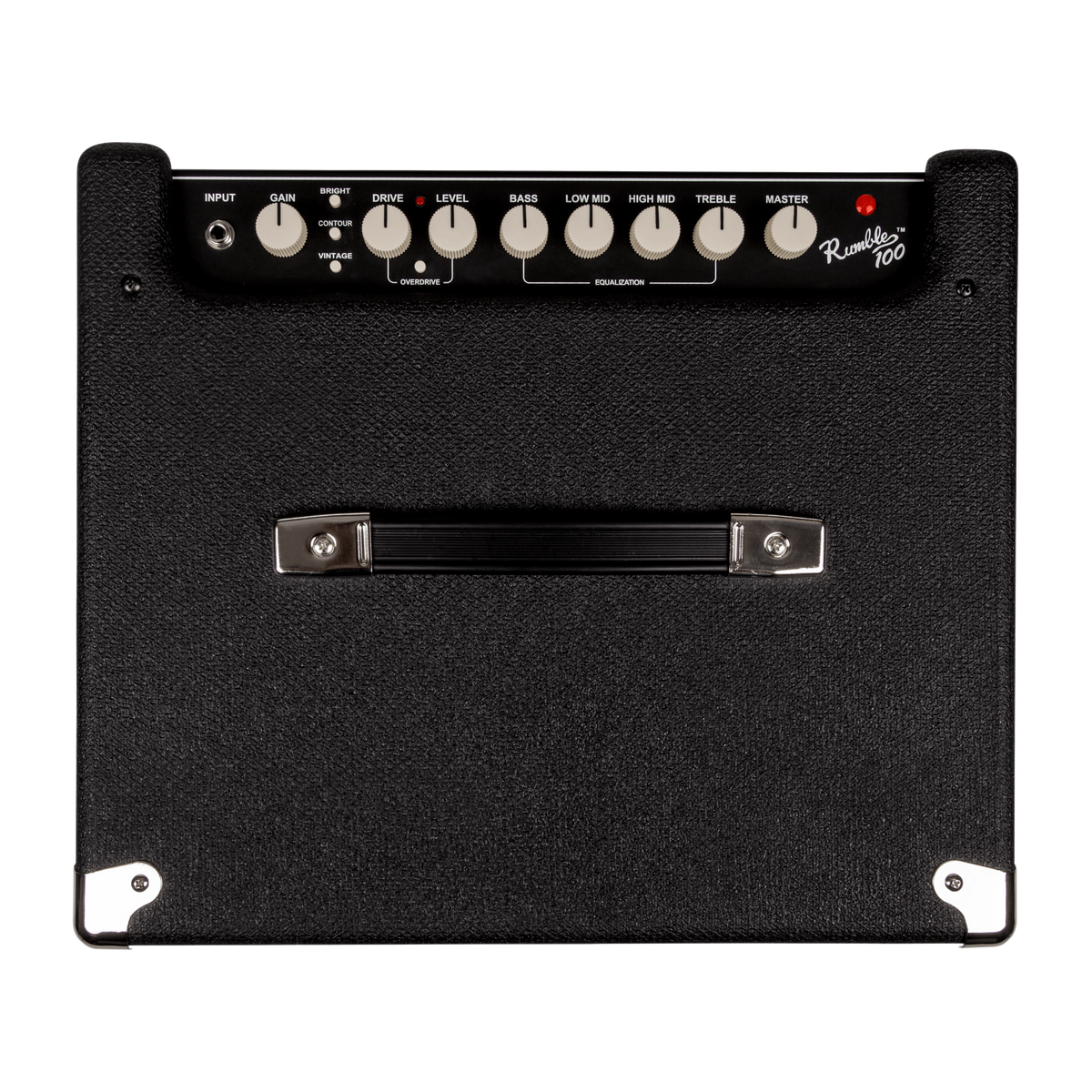 Black guitar amplifier with control knobs and 'Rumble 100' branding.