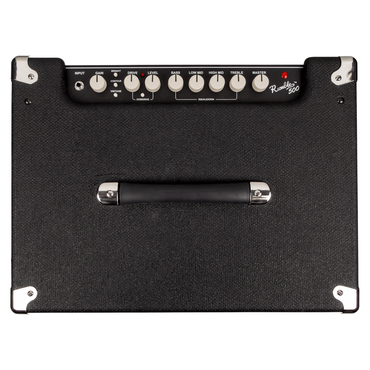 Black guitar amplifier with control knobs and brand name on a black background