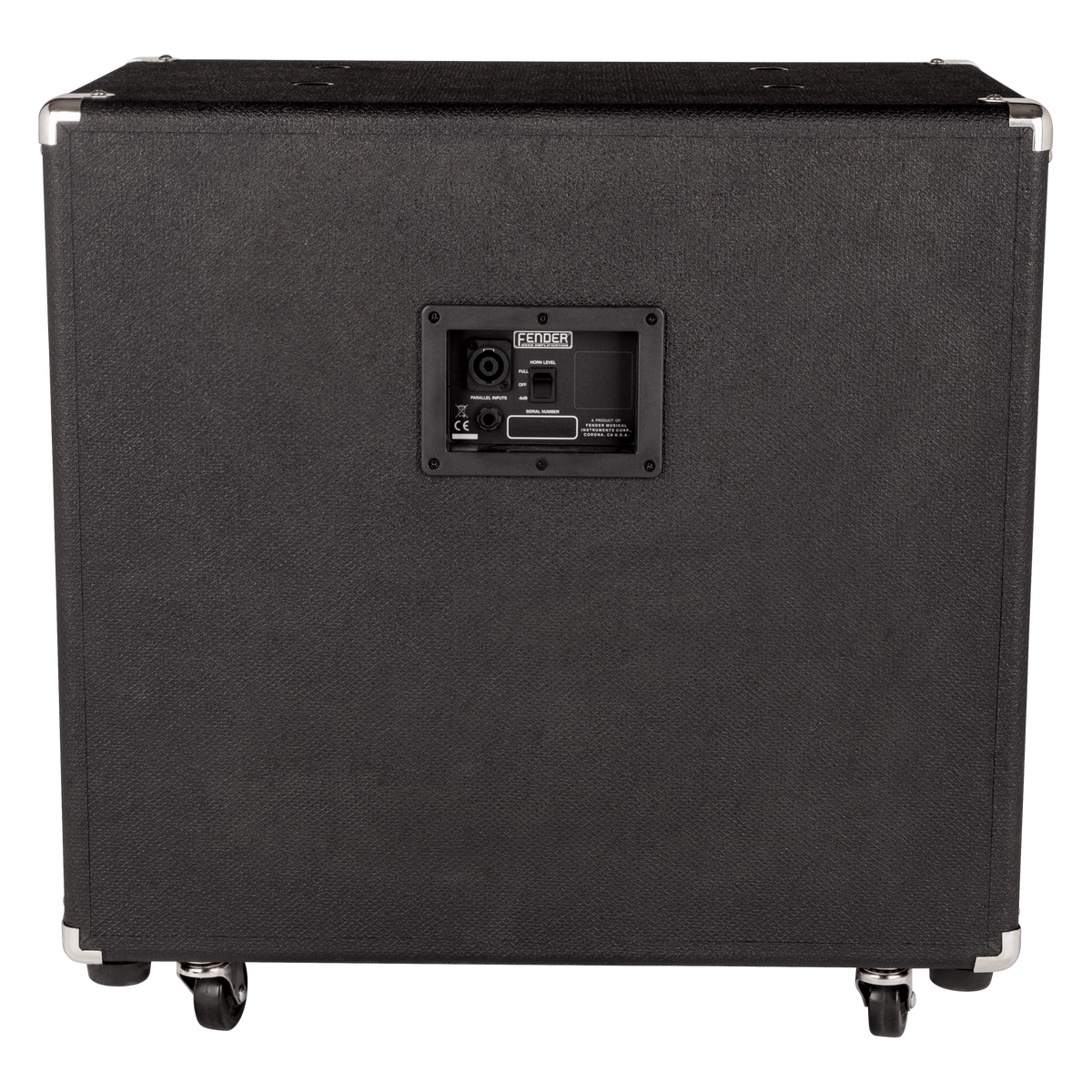 Black speaker cabinet with Fender logo on a white background