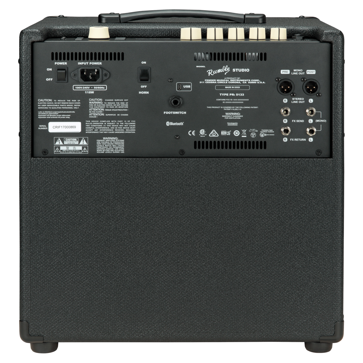 Back view of a black Rumble Studio guitar amplifier with various ports and labels.