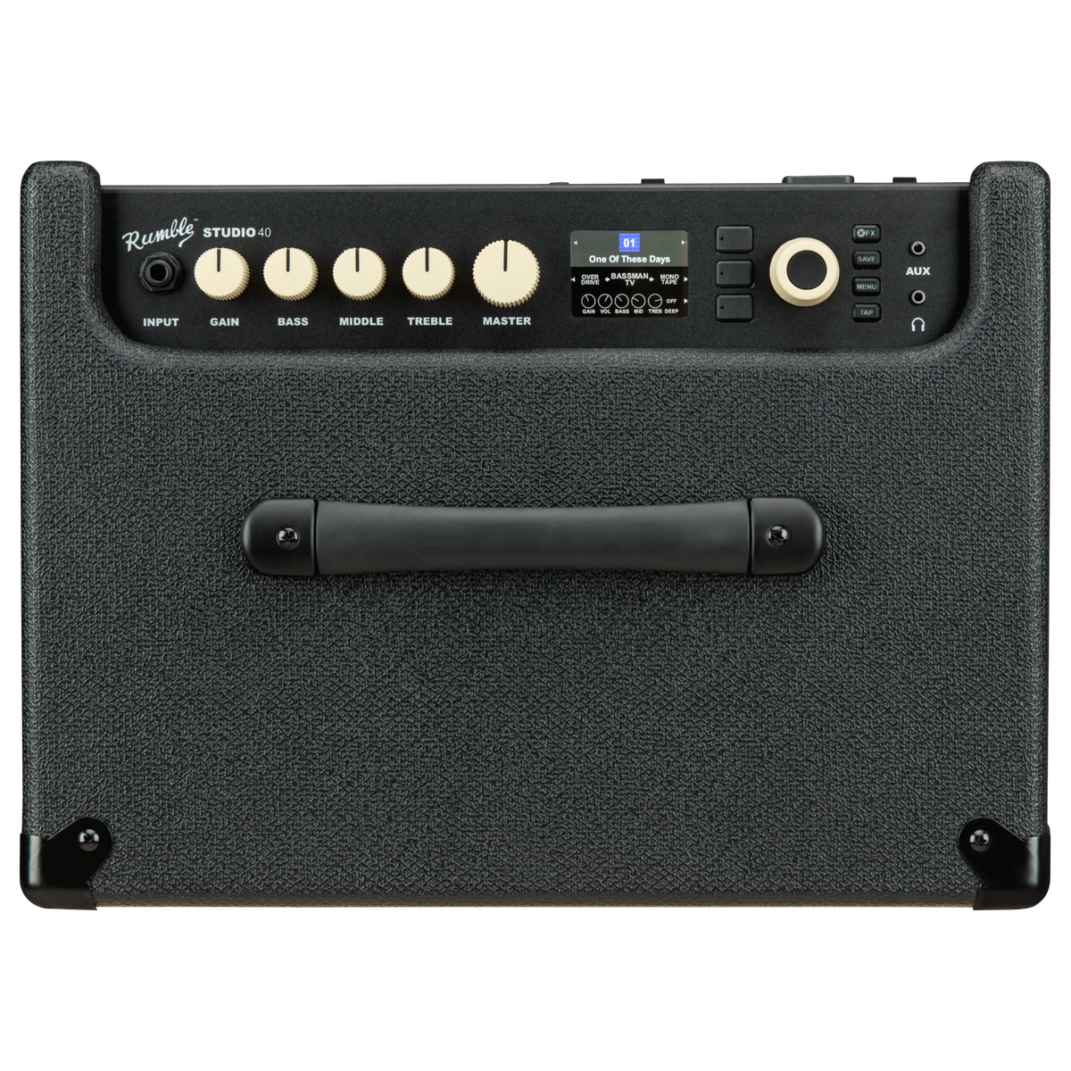 Black guitar amplifier with control knobs and display on a gray background