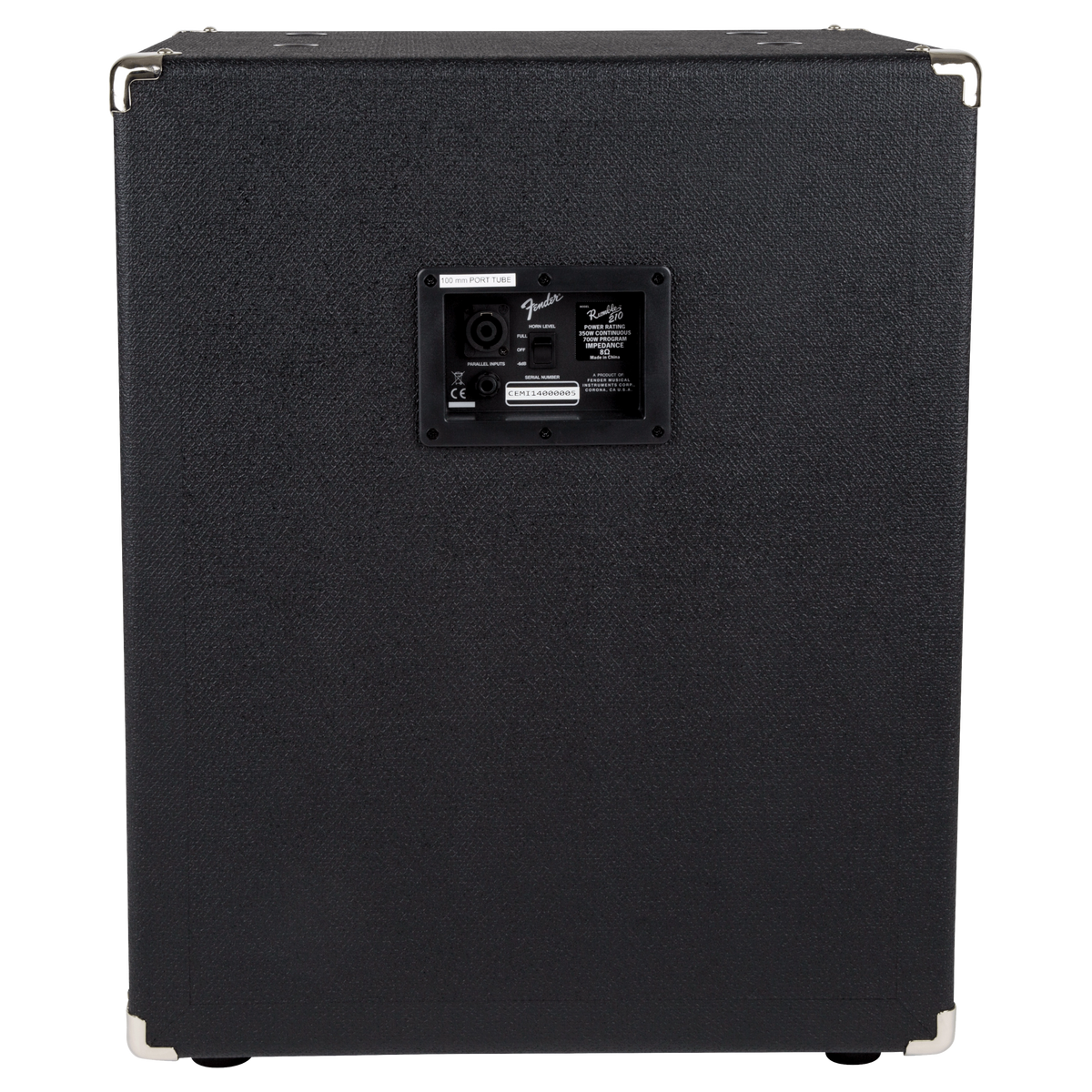 Black guitar amplifier cabinet with Fender logo on a black background