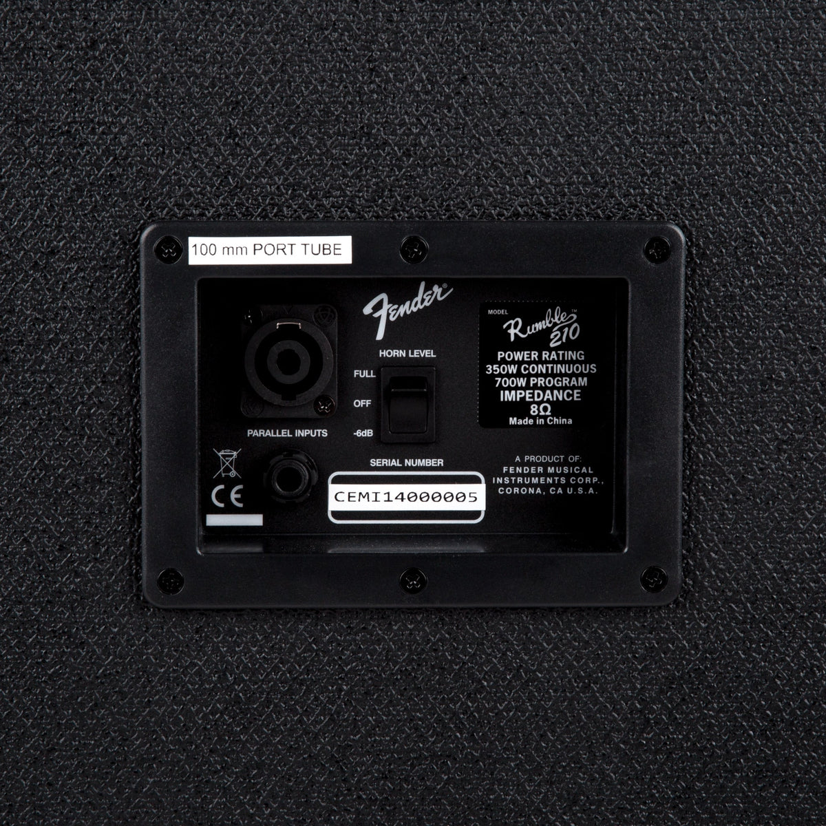 Fender amplifier back panel on a textured black background