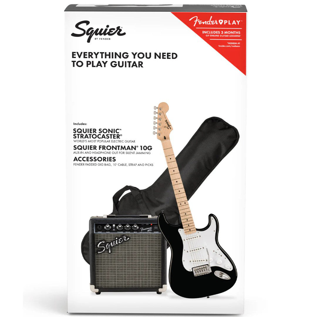 Fender Squier guitar and amplifier set packaging on a white background