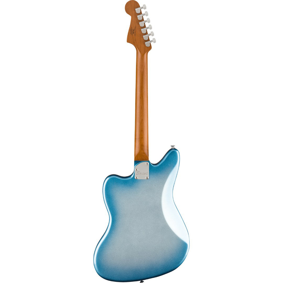 Blue electric guitar with a wooden neck on a white background