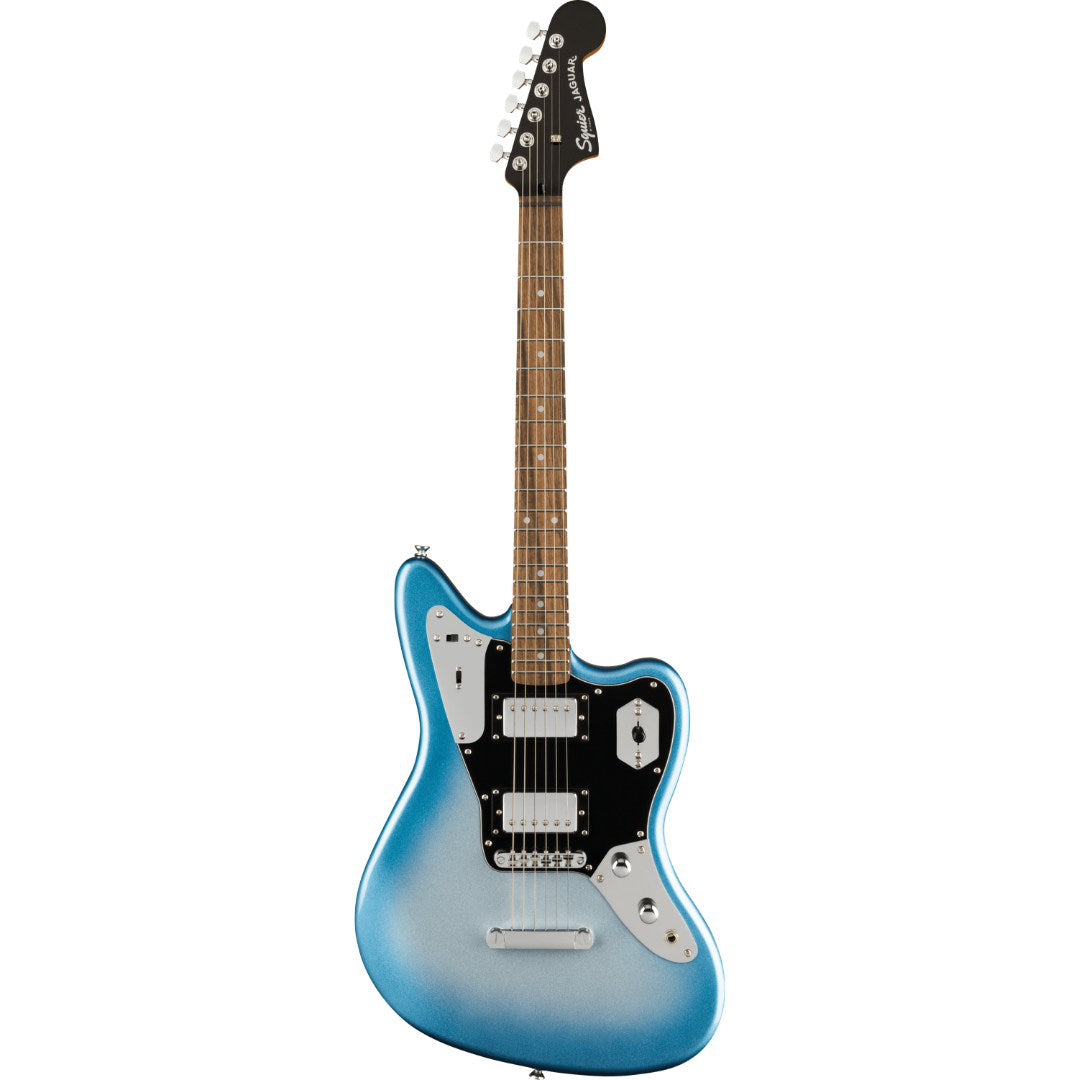 Blue electric guitar on a white background