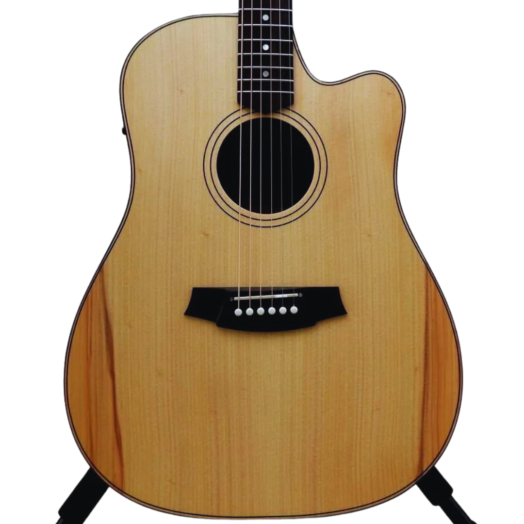 Acoustic guitar on a stand with a white background