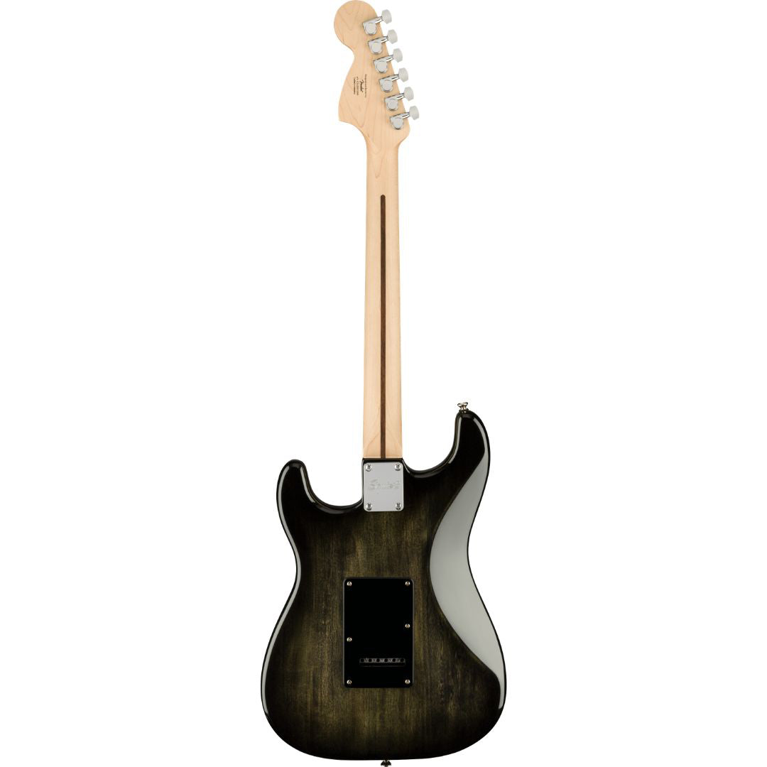 Black electric guitar with a white pickguard on a white background