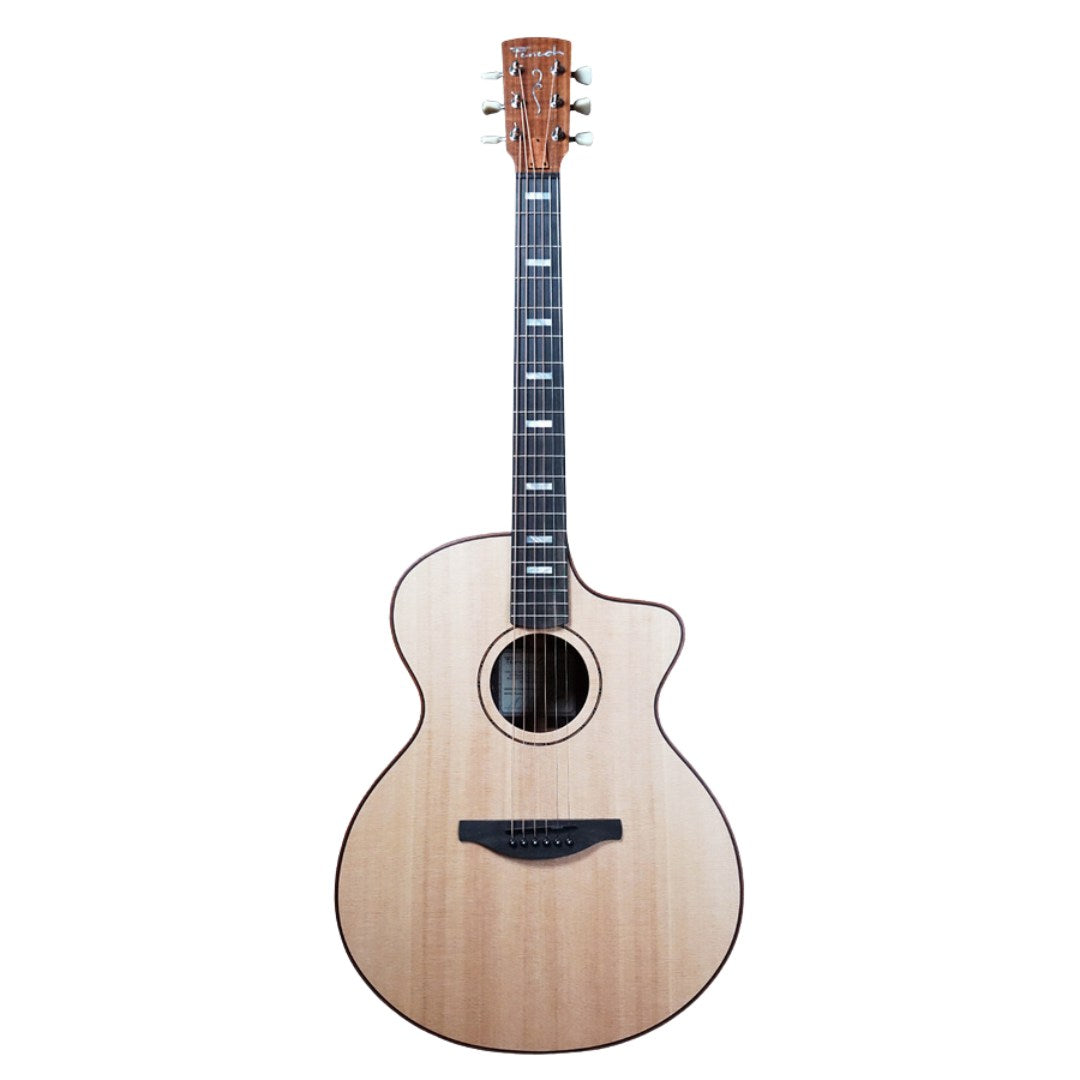 Acoustic guitar with a light wood finish on a white background